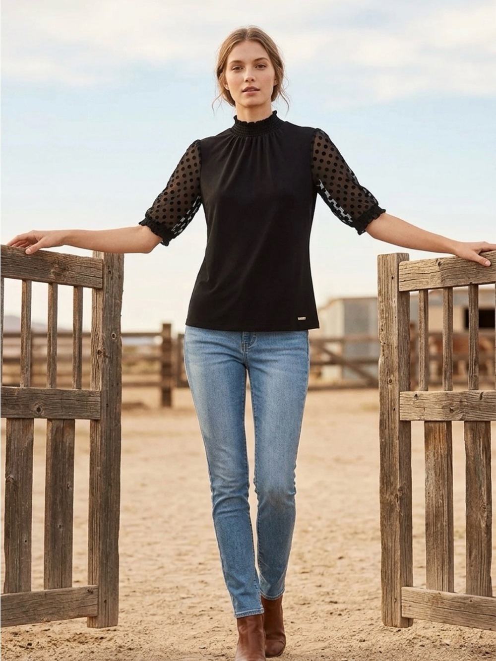 Anne Klein Black Sheer Polka-Dot Sleeve.